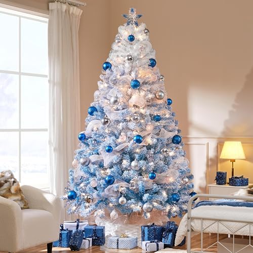 Yaheetech 7.5ft Prelit Flocked Christmas Tree, Blue & White, 550 Lights