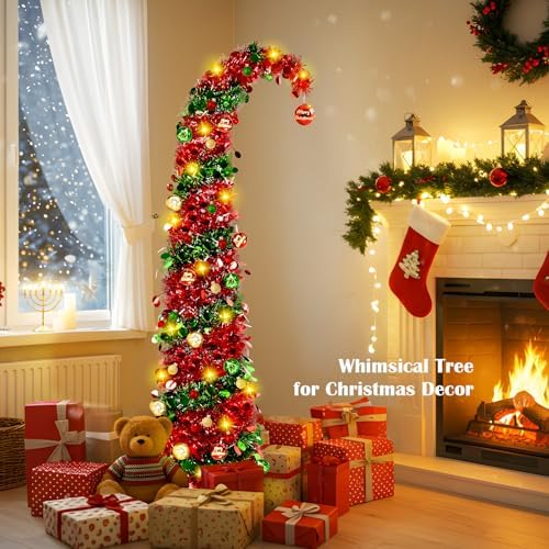 MACTING Whimsical Christmas Tree with Ball String Lights 5FT Pop Up Curved Tree with 15 Ball Lights & Hanging Ornaments Collapsible Tinsel Tree for Apartment Porch Indoor Outdoor Xmas Decor,Red&Green