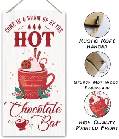 Hot Chocolate Bar Sign, Christmas Hanging Wood Sign, Winter Decorative Wall Signs, Rustic Winter Wooden Door Signs, Farmhouse Outdoor Wood Christmas Decor, Xmas Wall Art 6x12 Inches