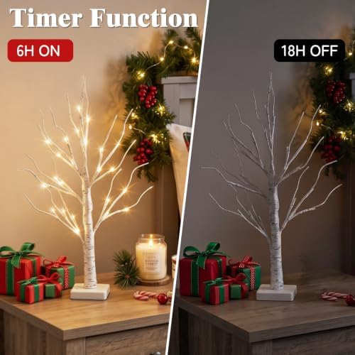 PEIDUO Christmas Decorations, 2FT Birch Tree with LED Lights, Warm White Light up Tree Lamp, Artificial Trees for Home Table Inside, Battery Powered, Timer (2PK)