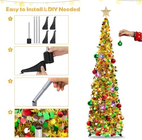 N&T NIETING Pop Up Christmas Tree with Lights, Collapsible Tinsel Xmas Tree Decorations, Pencil Christmas Tree Skinny Tree for Holiday Xmas Home Office Decor, 30 Balls, 5Ft, Gold Mix