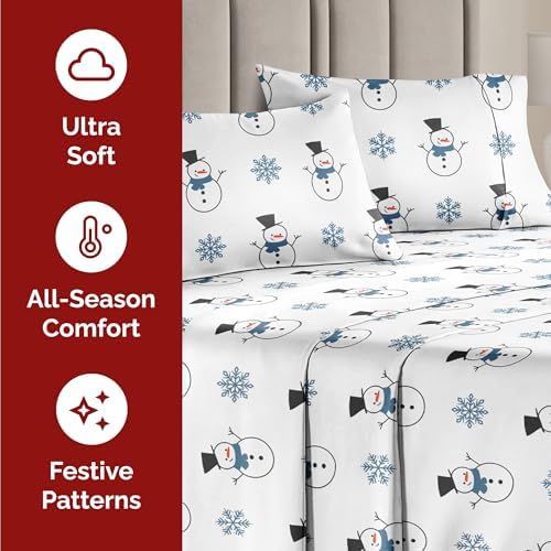 Christmas Sheet Set, Snowman, Holiday Xmas Bedding Set - Twin XL Size
