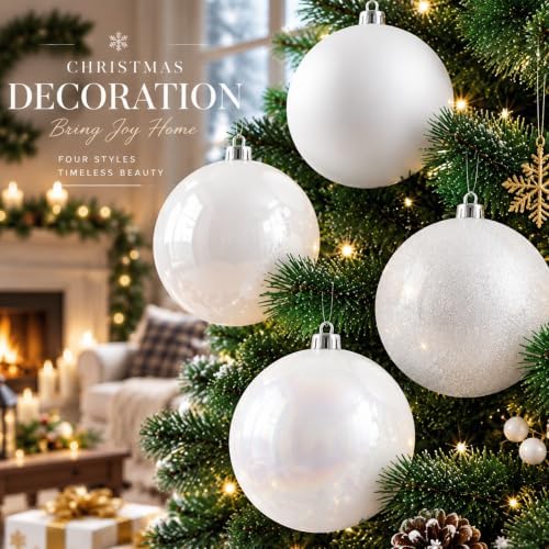 Jenaai 12 Pcs White Christmas Ball Ornaments 4 Inch Plastic Hanging Baubles