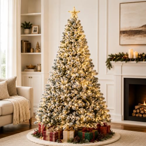 XtremepowerUS 6.5FT Pre-Lit Snow Flocked Artificial Christmas Tree with Warm White Lights, Snowy PVC Branch Tips & Gold Star Topper, Green & White Holiday Christmas Tree