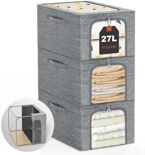 GoMaihe Baby Clothes Storage Bins with Metal Frame 27L 3-Pack Grey