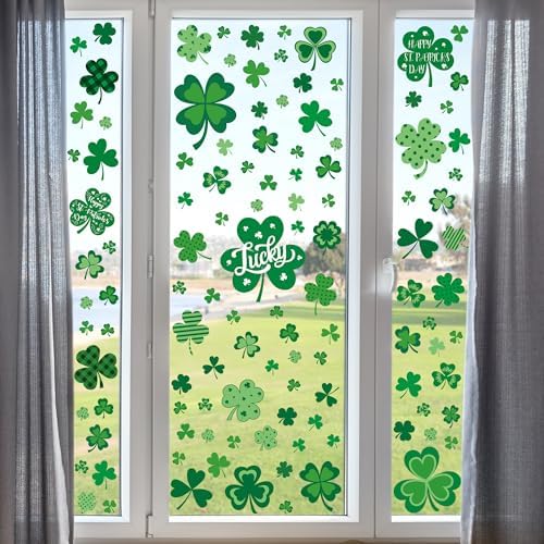 120 PCS St Patricks Day Decorations, 4 Sheets St Patricks Day Window Clings with Polka Dots Stripes Plaid Patterns, Double-Sided Green Party Decorations, Shamrock Window Clings for Home Decor