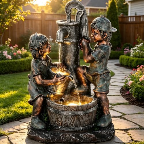 26" Boy and Girl Outdoor Fountain LED 3-Tier Cascading Waterfall