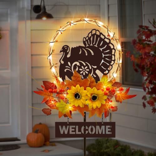 Thanksgiving Turkey with Welcome Sign,Solar Lights Outdoor Fall Decorations