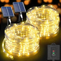 KNONEW Solar Rope Lights Outdoor 2 Packs Total 600LED 100FT Solar String Light Outside Waterproof with 8 Modes Clear Thin Tube for Pool Patio Garden Fence Camping Yard Deck Trampoline（Warm White）