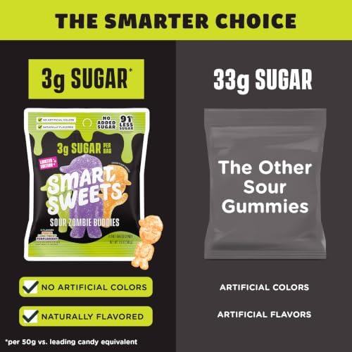 SmartSweets Sour Zombie Buddies Low Sugar Gummy Candy, Healthy Snacks for Kids and Adults, Halloween Treat, 50g bags, Pack of 14