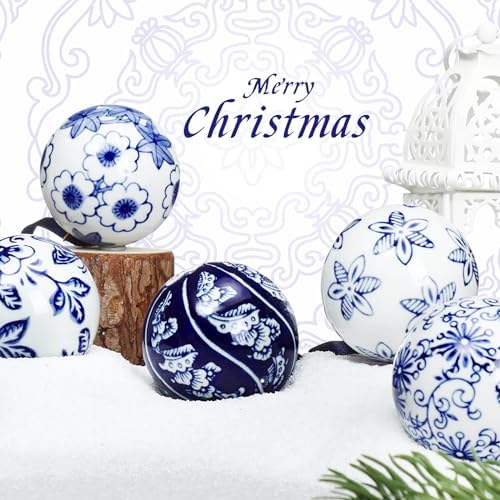 Cindeer 6 Pcs Blue and White Christmas Porcelain Balls, Stylish Style
