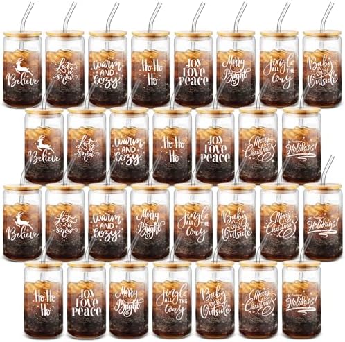 31 Pcs Christmas Glass Cups with Lids Straws 1 Set(30sheet) Gift Paper