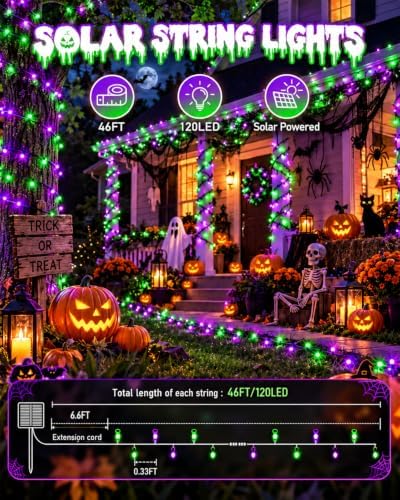 OZS Solar Halloween Lights Outdoor, Purple and Green 2 Pack 240LED