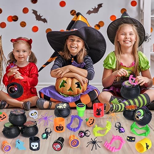 Shemira 256 PCS Halloween Party Favors Bulk for Kids, 32 Pack Prefilled Witch Cauldrons with Halloween Toys, Halloween Goodie Bag Fillers, Halloween Party Supplies, Halloween Miniatures Novelty Toys