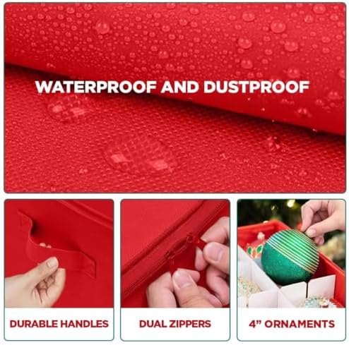 Christmas Ornament Storage Container with Dividers - Box Stores Up to 96 Ornaments, Zippered, Convenient, Adjustable, Large Organizer Bin to Protect Holiday Décor, Fits Most Standard Size, Red