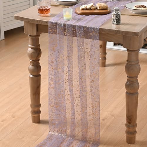 Artoid Mode 10Pcs Grayish Purple Gauze Gold Table Runner 10FT, Glitter Metallic Foil Sheer Dining Wedding Anniversary Holiday Table Decor for Home Party