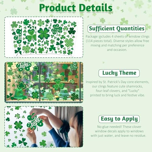 120 PCS St Patricks Day Decorations, 4 Sheets St Patricks Day Window Clings with Polka Dots Stripes Plaid Patterns, Double-Sided Green Party Decorations, Shamrock Window Clings for Home Decor