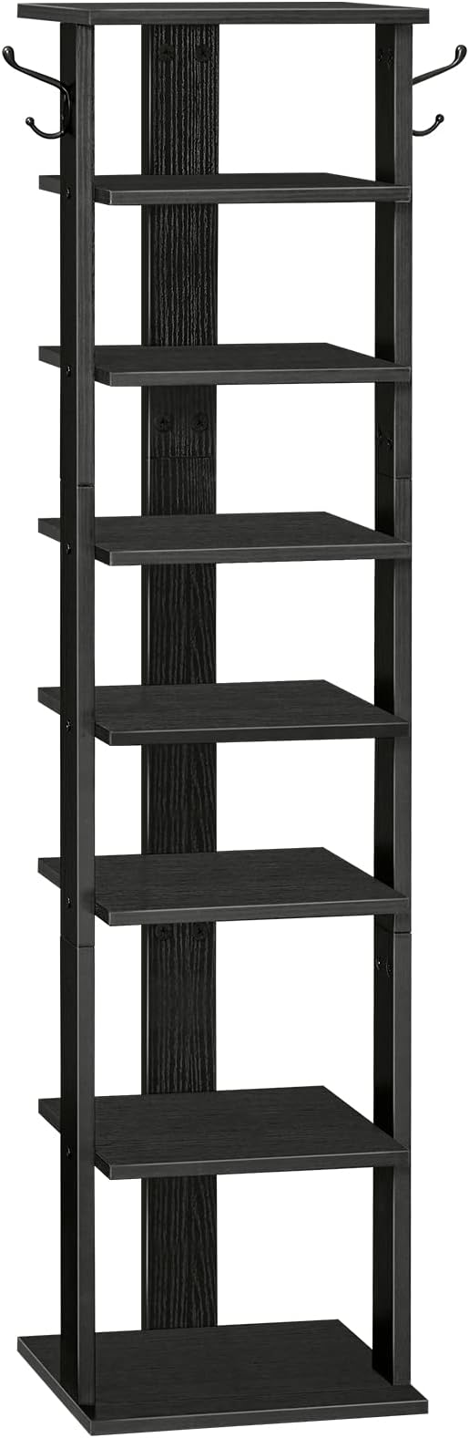 HOOBRO 8 Tiers Vertical Shoe Rack, Wooden Shoe Storage Organizer with Hooks, Narrow Shoe Tower for 8 Pairs, Space Saving, for Entryway, Living Room, Bedroom, Black BK07XJ01
