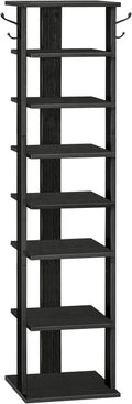 HOOBRO 8 Tiers Vertical Shoe Rack, Wooden Shoe Storage Organizer with Hooks, Narrow Shoe Tower for 8 Pairs, Space Saving, for Entryway, Living Room, Bedroom, Black BK07XJ01
