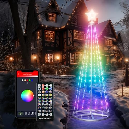 8Ft Lighted Christmas Tree, 340 RGB LEDs, DIY 16 Mil Colors Changing, Prelit Cone Tree, Music Sync, App & Remote Control, Outdoor Decoration for Bars, Patio, Beach, Pool, Cruise Party
