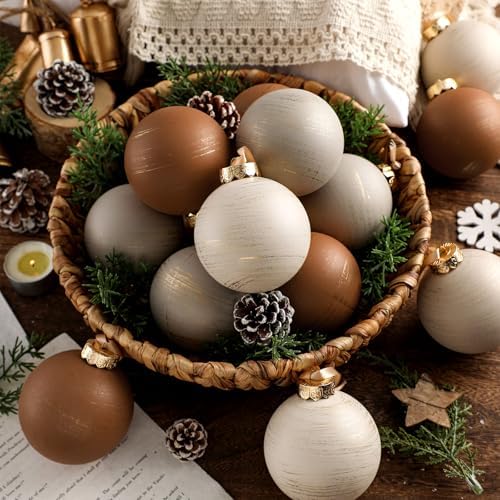 Yunlly 12 Pcs Neutral Christmas Ornament, Brown Ivory Beige, 3.15''