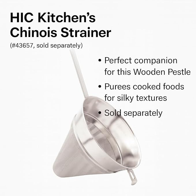 HIC Kitchen Wooden Pestle for Chinois, Hardwood, Cone-Shaped, For Purees, Sauces, Soups, Jams, And More, 8-Inches
