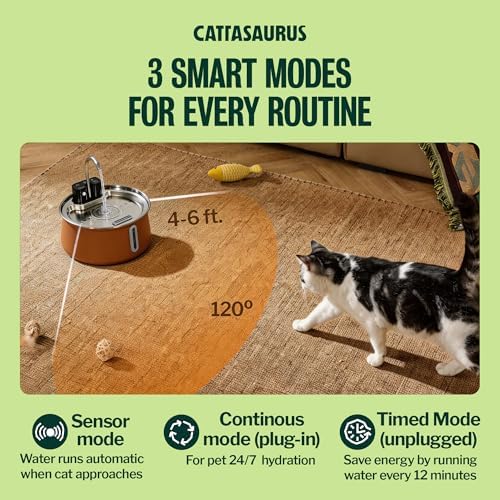 Cattasaurus Wireless 304 Stainless Steel Cat Water Fountain with Filtration, Automatic Water Dispenser for Cats, 135oz Large Capacity, Dishwasher Safe (Coffee, Fountain + 6 Filters (6-Week Supply))