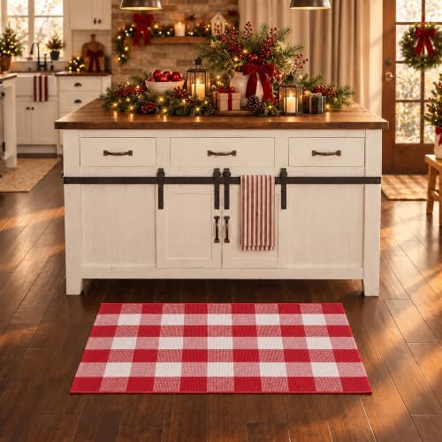 Christmas Red and White Plaid Door Mat, 28 x 43 Inches Cotton Hand-Woven Layered Entry Mat for Front Porch, Entryway, Outdoor Holiday Decor, Washable Buffalo Check Doormat for Home, Patio, Kitchen