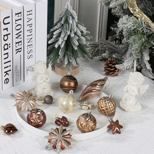 82Pcs Bronze Copper Fall Ornaments for Tree Set, Shatterproof Brown and Gold Christmas Tree Decorations for Home Assorted Plastic Baubles Ball Ornaments for Xmas Party Decor (Copper & Gold)