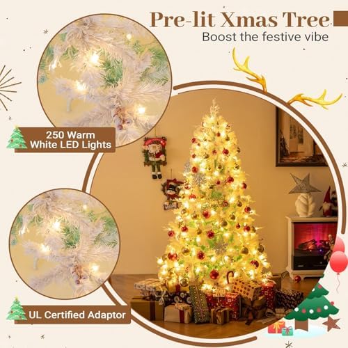 HAPPYGRILL 6FT Pre-lit Artificial Christmas Tree, Hinged Xmas Tree w/ 599 Snow Flocked Branch Tips, 250 Warm White LED Lights, White Twigs, Red Berries, Metal Stand