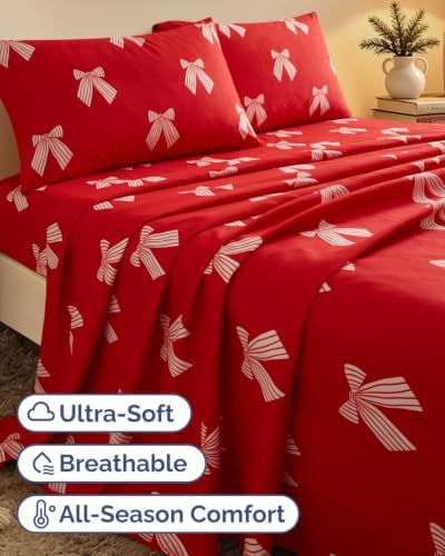 Christmas Sheet Set, Red Ribbon Bows, Holiday Xmas Bedding Set - Full Size