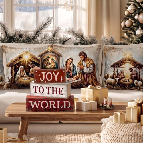 Moucuny 4 Pcs Nativity Christmas Table Decoration for Home Religious Blocks
