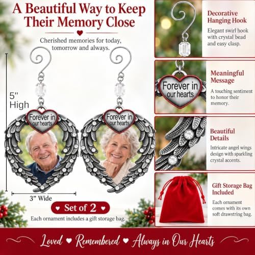 Memorial Photo Ornaments Set of 2 – “Forever in Our Hearts” Silver Heart with Angel Wings – in Memory Picture Ornament – Sympathy Gift for Loss of Loved One – 3.5" H x 3" W – Gift Storage Bags