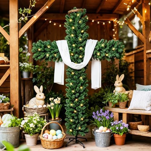 6ft Skinny Cross Christmas Tree with 33ft Plug-in String Lights(100 Bulbs) & White Silk Scarf & Crown of Thorns, Jesus Christ Catholic Cross Decor, Xmas Holiday Home Indoor Outdoor Decorations