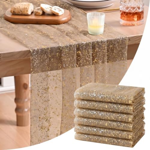 Artoid Mode 6PC Coffee Gold Gauze Table Runner 120 Inch 10FT, Glitter Metallic Foil Sheer Dining Wedding Anniversary Holiday Birthday Table Decor for Home Party