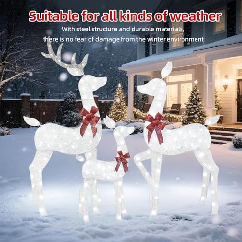 HOYECHI 5 FT Oversized Christmas Decorations Outdoor Lighted Reindeer – 3-Piece 2D Deer Family Set with 160 Warm White LED Lights for Yard, Lawn, Garden & Porch Holiday Display - White