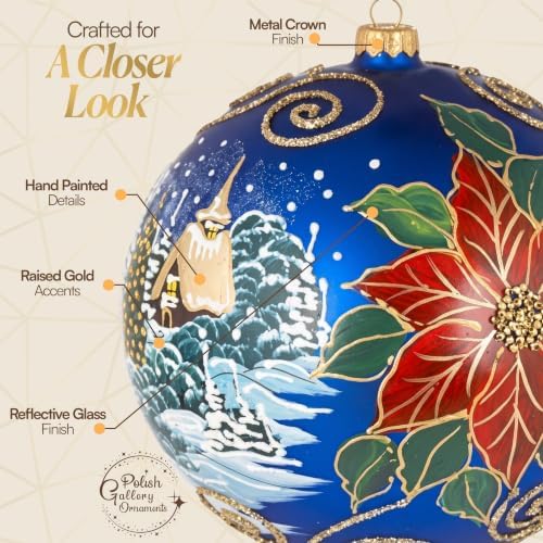 Hand Blown Glass Christmas Ornaments Ball, Wintry Navy 8 in + Stand