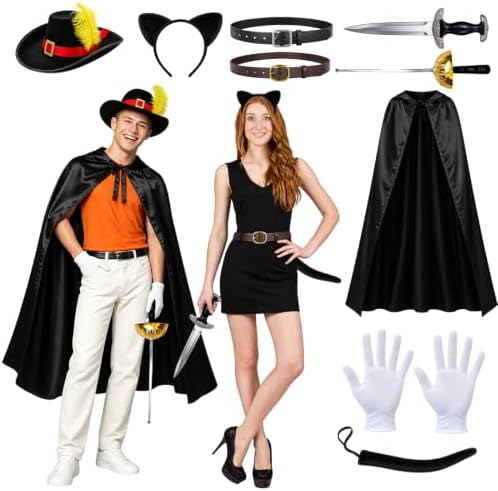 9 Pcs Halloween Couple Puss and Boots Costume Cat in Boots Cosplay Outfits