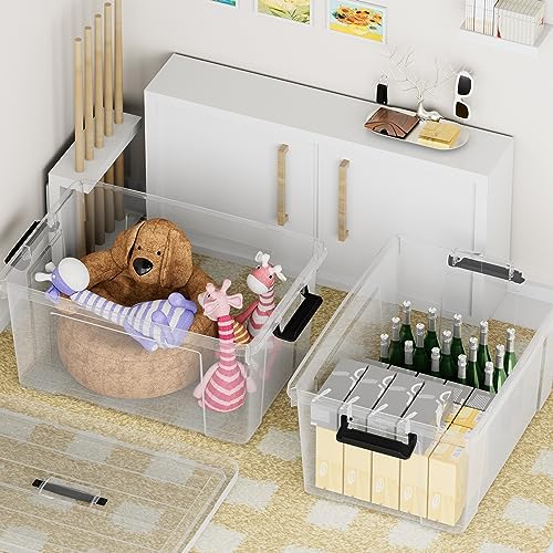 Cetomo Lidded Storage Bin with Handle, Storage Bins with Lid, Organizing Container with Secure Latching Buckles, Stackable and Nestable, Plastic, 40 Quart-6 Pack, Clear