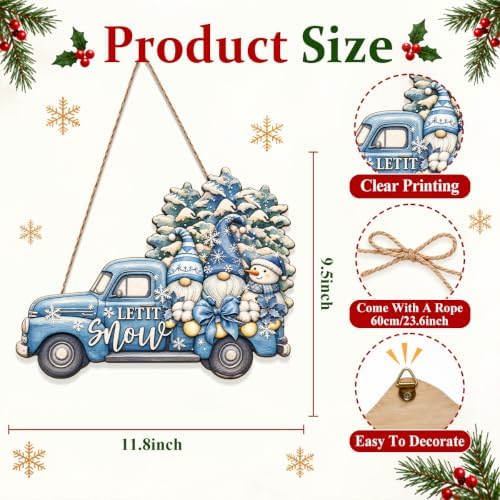 Christmas Decorations Blue Truck Winter Gnomes Hanging Wooden Sign