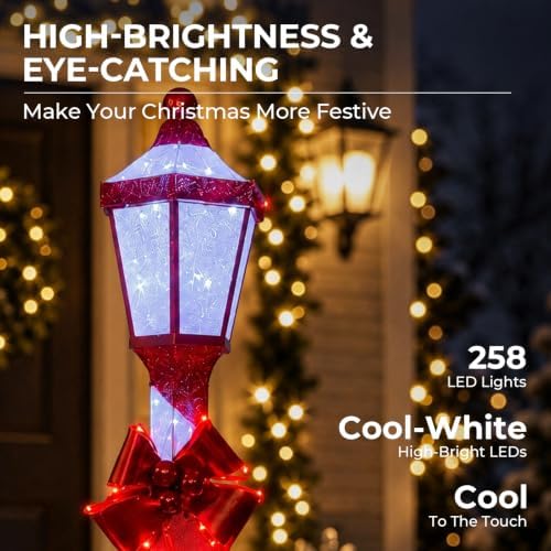 60Inch Outdoor Christmas Decorations Outdoor Lighted Lamp Post 3D Lamppost LED Lighted Display with 128 LED Lights&Bow, Holiday Decorations for Yard, Porch, Patio (2-Pack)