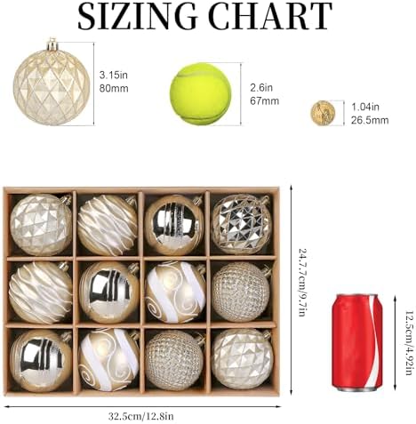 SHareconn 12ct 3.15 Inch Christmas Tree Balls Ornaments, Gold & White, 80mm