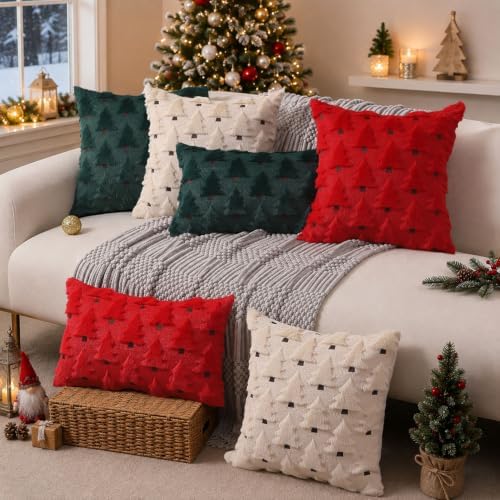 Allorry Christmas Pillow Covers 20x20 inch Set of 2 Christmas Decorations Soft Plush Faux Fur Wool Beige Christmas Tree Throw Pillow Cases Winter Holiday Decor for Sofa Living Room PT-002C20