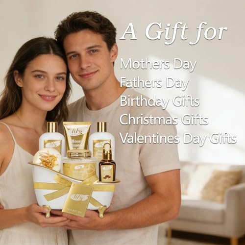 Honey Almond Spa Gifts for Mom - 7Pcs Moisturizing Spa Set for Women & Men