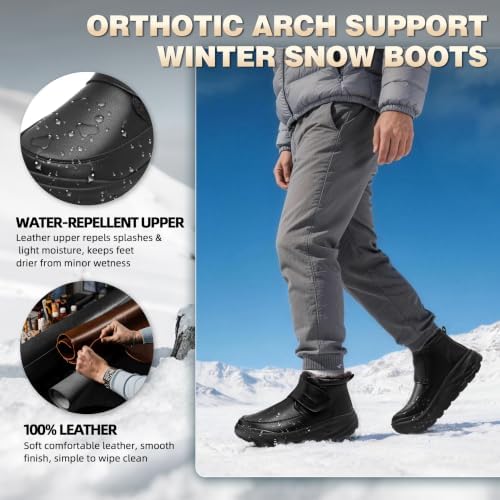 OrthoComfoot Orthopedic Diabetic Winter Leather Ankle Boots for Men, Comfortable Casual Wide Width Arch Support Warm Snow Boots for Relief Plantar Fasciitis, Bunions, Swollen Feet & Foot Pain