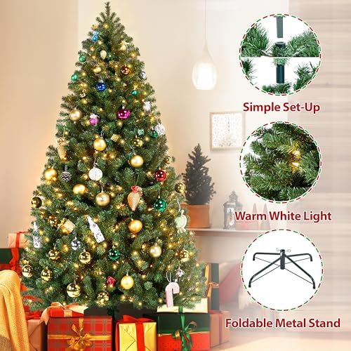 Yaheetech 7.5ft Pre-lit Christmas Tree with 550 Warm White Lights, Green