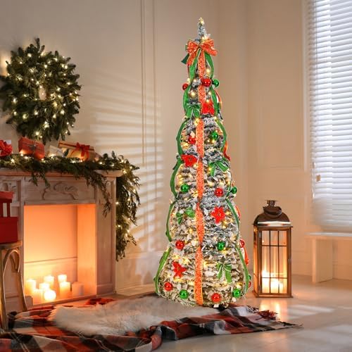 VINGLI 6ft Pre-Lit Pop Up Christmas Tree with 150 Lights, Fully Decorated Flocked Pencil Collapsible Tree for Holiday Party Decorations (Red & Green)