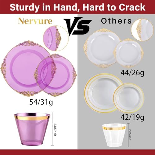 Nervure 175Pcs Purple Plastic Plates, Plastic Dinnerware Set for 25 Guests