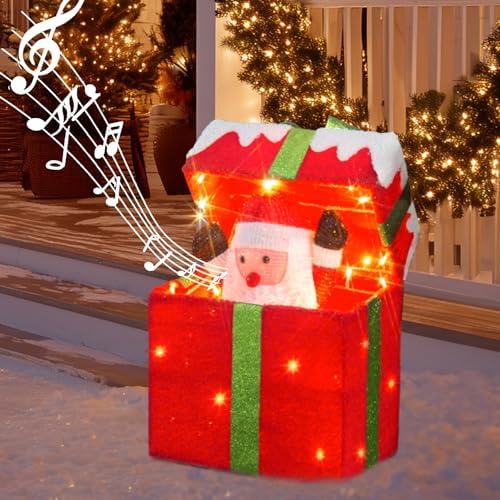 PEIDUO Animated Christmas Santa in Lighted Gift Box, Motion Sensor Christmas Music Decorative Lights, Under The Christmas Tree Present Decorations for Indoor Outdoor Yard Home Holiday Decor