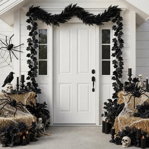 2 Pcs Black Halloween Cedar Garland with Maple Leaf Vine